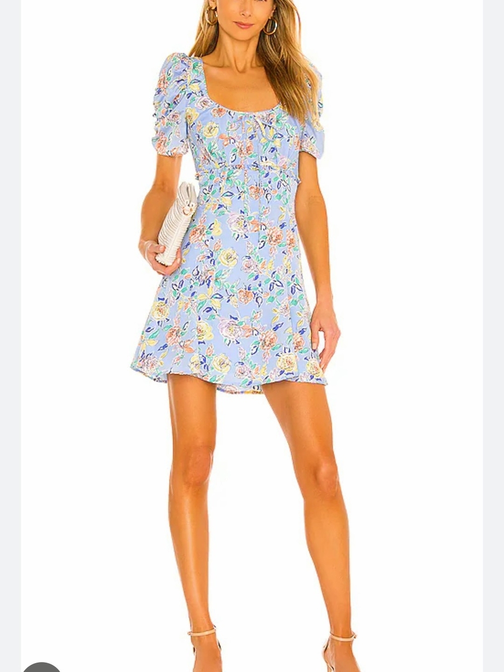 Likely Pastel Blue Floral Puff-Sleeve Mini Dress